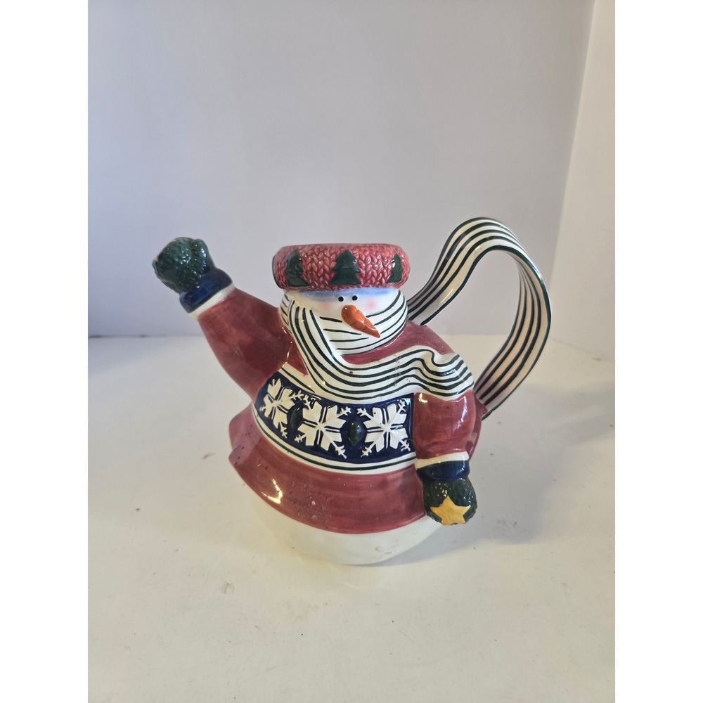 World Market Snowman Ceramic Teapot Christmas Holiday Decor Red White Stripe
